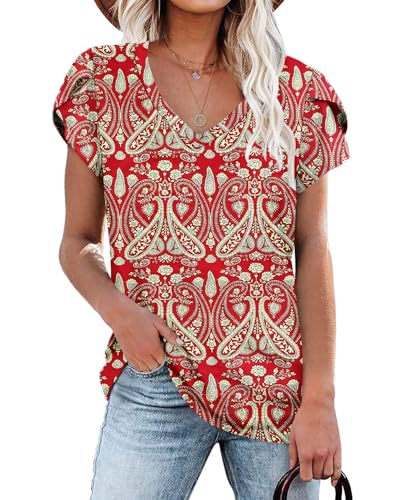 Damen Tops Boho Flora Rot V-Ausschnitt Blütenblatt Ärmel T-Shirt Sommer Kausal Tunika XXL von NARRAME