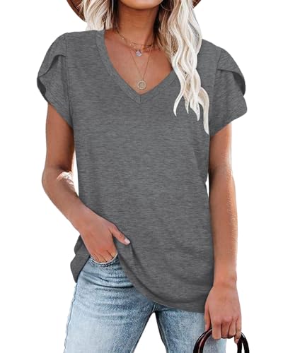 Damen Tops Grau V-Ausschnitt Blütenblatt Ärmel T-Shirt Sommer Kausal Tunika XXL von NARRAME