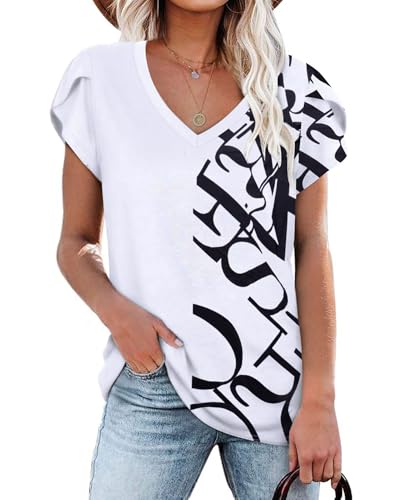 NARRAME Damen Tops V-Ausschnitt Blütenblatt Ärmel T-Shirt Sommer Kausal Tunika Blumenmuster Weiß Buchstaben XX-Large 2XL 50-52 von NARRAME