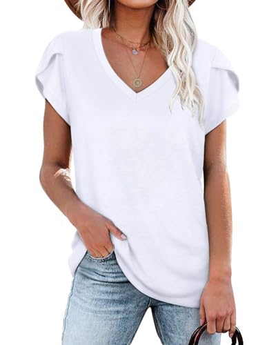 NARRAME Damen Tops V-Ausschnitt Blütenblatt Ärmel T-Shirt Sommer Kausal Tunika Einfarbig Weiß XX-Large 2XL 50-52 von NARRAME