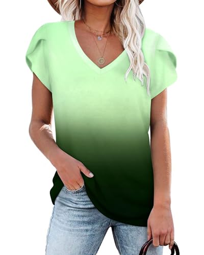 NARRAME Damen Tops V-Ausschnitt Blütenblatt Ärmel T-Shirt Sommer Kausal Tunika Farbverlauf Weiß zu Grün Ombré XX-Large 2XL 50-52 von NARRAME