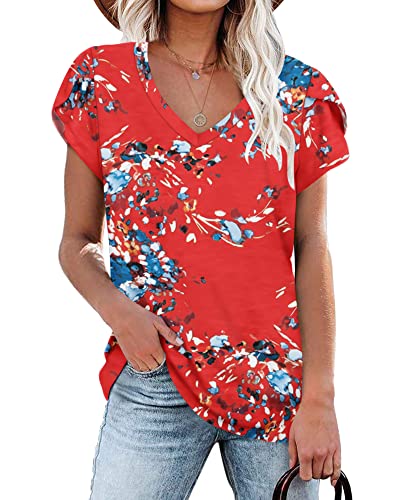 NARRAME Damen Tops V-Ausschnitt Blütenblatt Ärmel T-Shirt Sommer Kausal Tunika Große Größen Oversize Blumenmuster Blaurot XXX-Large 3XL 54-56 von NARRAME