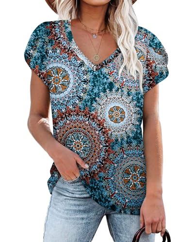 NARRAME Damen Tops V-Ausschnitt Blütenblatt Ärmel T-Shirt Sommer Kausal Tunika Große Größen Oversize Blumenmuster Grün XXX-Large 3XL 54-56 von NARRAME