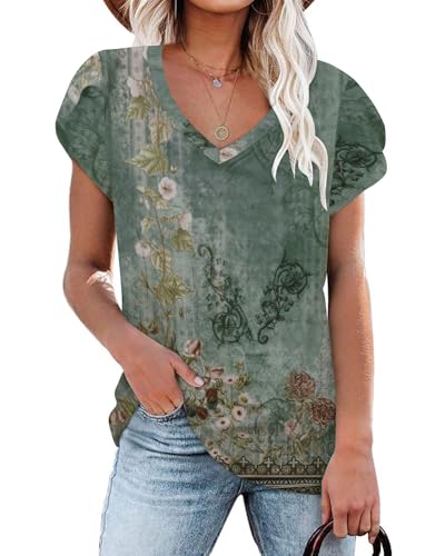 NARRAME Damen Tops V-Ausschnitt Blütenblatt Ärmel T-Shirt Sommer Kausal Tunika Große Größen Oversize Blumenmuster Grünrosa XXX-Large 3XL 54-56 von NARRAME