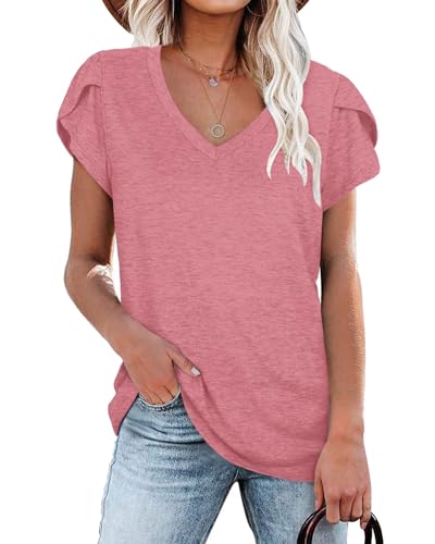 NARRAME Damen Tops V-Ausschnitt Blütenblatt Ärmel T-Shirt Sommer Kausal Tunika Große Größen Oversize Einfarbig Dunkel rosa XXX-Large 3XL 54-56 von NARRAME