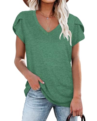 NARRAME Damen Tops V-Ausschnitt Blütenblatt Ärmel T-Shirt Sommer Kausal Tunika Große Größen Oversize Einfarbig Dunkelgrün XXX-Large 3XL 54-56 von NARRAME