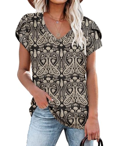 NARRAME Damen Tops V-Ausschnitt Blütenblatt Ärmel T-Shirt Sommer Kausal Tunika Große Größen Oversize Paisley Boho Blumenmuster Schwarz XXX-Large 3XL 54-56 von NARRAME