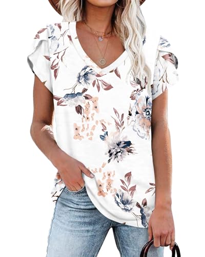 NARRAME Damen Tops V-Ausschnitt Blütenblatt Ärmel T-Shirt Sommer Kausal Tunika Blumenmuster Weiß XX-Large 2XL 50-52 von NARRAME