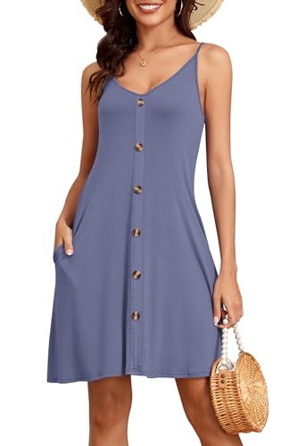 NARRAME Damenkleider, Spaghettiträger, V-Ausschnitt, Damen-Sommerkleider, lässig, trendig, Basic-Sommerkleid mit Taschen, Lila, Grau, M von NARRAME