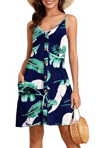 NARRAME Kleider für Damen, Spaghettiträger, V-Ausschnitt, Strand-Cover-Up, lässig, modisch, solides Swing-Kleid mit Taschen, Bedruckt, Blau, Größe L von NARRAME