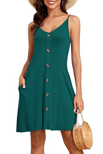 NARRAME Kleider für Damen, Spaghettiträger, V-Ausschnitt, Strand-Cover-Up, lässig, modisch, solides Swing-Kleid mit Taschen, Dunkelgrün, Größe L von NARRAME