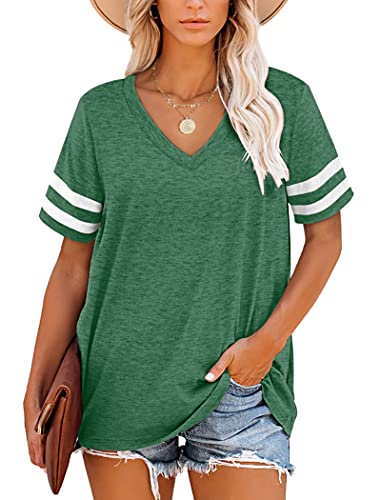 Oversize Damen T-Shirt V-Ausschnitt Damen Tops Kurzarm Gestreifte Sommer Kausal Waldgrün XXL von NARRAME