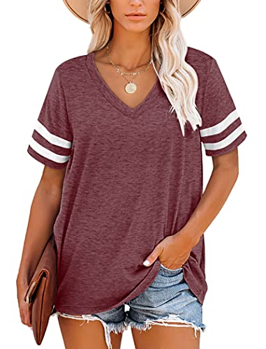 NARRAME Oversize T-Shirt Damen V-Ausschnitt Kurzarm Tops Gestreifte Sommer Kausal Einfarbig Burgunderrot XX-Large 2XL 50-52 von NARRAME