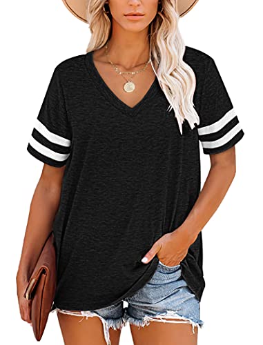 NARRAME Oversize T-Shirt Damen V-Ausschnitt Kurzarm Tops Gestreifte Sommer Kausal Einfarbig Schwarz XX-Large 2XL 50-52 von NARRAME