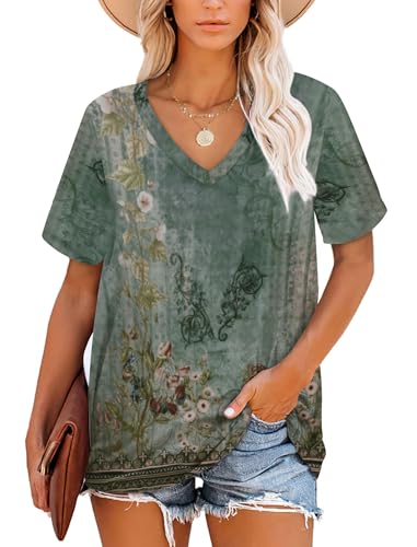 NARRAME Oversize T-Shirt Damen V-Ausschnitt Kurzarm Tops Gestreifte Sommer Kausal Groß L 42-44e Größen Blumenmuster Grünrosa XXX-Large 3XL 54-56 von NARRAME