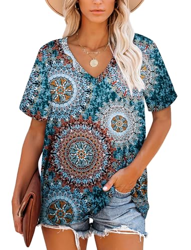 NARRAME Oversize T-Shirt Damen V-Ausschnitt Kurzarm Tops Gestreifte Sommer Kausal Große Größen Oversize Blumenmuster Grün XXX-Large 3XL 54-56 von NARRAME