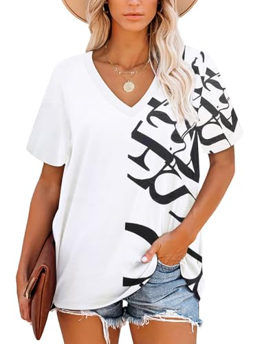 NARRAME Oversize T-Shirt Damen V-Ausschnitt Kurzarm Tops Gestreifte Sommer Kausal Große Größen Oversize Blumenmuster Weiß Buchstaben XXX-Large 3XL 54-56 von NARRAME