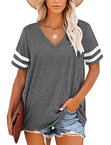 NARRAME Oversize T-Shirt Damen V-Ausschnitt Kurzarm Tops Gestreifte Sommer Kausal Große Größen Oversize Einfarbig Grau XXX-Large 3XL 54-56 von NARRAME