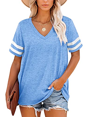 NARRAME Oversize T-Shirt Damen V-Ausschnitt Kurzarm Tops Gestreifte Sommer Kausal Große Größen Oversize Einfarbig Hellblau XXX-Large 3XL 54-56 von NARRAME