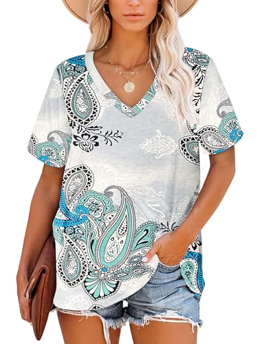 NARRAME Oversize T-Shirt Damen V-Ausschnitt Kurzarm Tops Gestreifte Sommer Kausal Paisley Boho Blumenmuster Weiß XX-Large 2XL 50-52 von NARRAME