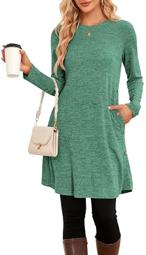 NARRAME Party-Pullover-Kleider für Damen, Frühling, Herbst, lässiges, seitliches Langarmkleid mit Knöpfen und Taschen, X-Large, Grün von NARRAME