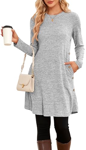 NARRAME Party-Pullover-Kleider für Damen, Frühling, Herbst, lässiges, seitliches Langarmkleid mit Knöpfen und Taschen, X-Large, Hellgrau von NARRAME