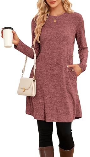 NARRAME Pullover-Kleider für Damen, Winter, langärmelig, Kausale Knöpfe, seitliches Pulloverkleid mit Taschen, XX-Large, Rot von NARRAME