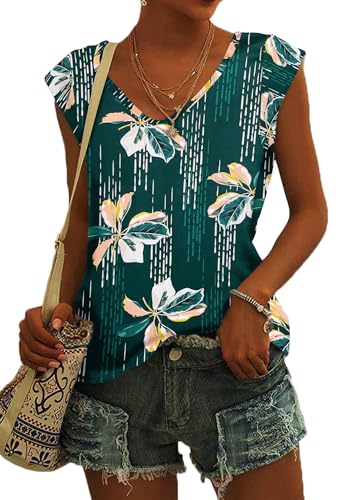 NARRAME Sommer T Shirt für Damen V Ausschnitt Tanktops Loose Fit Sommerblusen Kurzarm Luftig Blumenmuster Dunkelgrün Gelb Mittel M 38-40 von NARRAME
