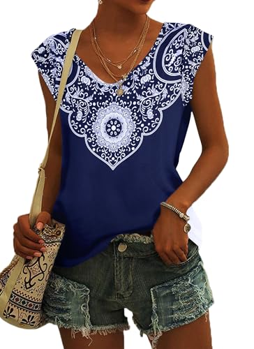 NARRAME Sommer T Shirt für Damen V Ausschnitt Tanktops Loose Fit Sommerblusen Kurzarm Luftig Blumenmuster Marineblau Mittel M 38-40 von NARRAME