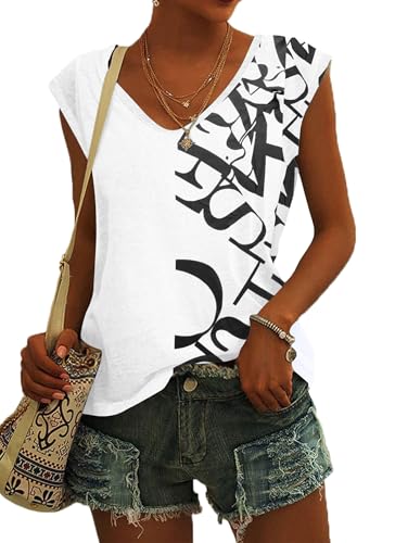 NARRAME Sommer T Shirt für Damen V Ausschnitt Tanktops Loose Fit Sommerblusen Kurzarm Luftig Blumenmuster Weiß Buchstaben Mittel M 38-40 NARRAME Sommer T Shirt für Damen V Ausschnitt Tanktops Loose Fit Sommerblusen Kurzarm Luftig Blumenmuster Weiß Buchstaben Mittel M 38-40 von NARRAME