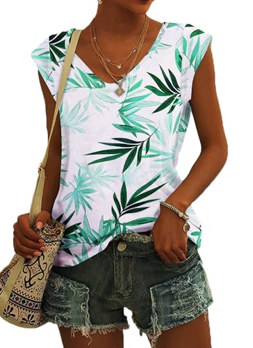 NARRAME Sommer T Shirt für Damen V Ausschnitt Tanktops Loose Fit Sommerblusen Kurzarm Luftig Blumenmuster Weiß Grüne Blätter Mittel M 38-40 von NARRAME