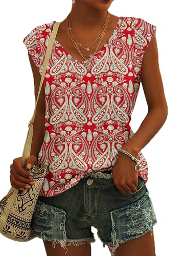 NARRAME Sommer T Shirt für Damen V Ausschnitt Tanktops Loose Fit Sommerblusen Kurzarm Luftig Boho Flora Rot M von NARRAME