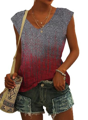 NARRAME Sommer T Shirt für Damen V Ausschnitt Tanktops Loose Fit Sommerblusen Kurzarm Luftig Farbverlauf Grau zu Rot Ombré Mittel M 38-40 von NARRAME