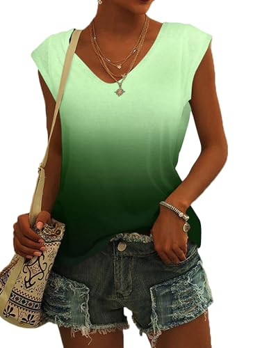 NARRAME Sommer T Shirt für Damen V Ausschnitt Tanktops Loose Fit Sommerblusen Kurzarm Luftig Farbverlauf Weiß zu Grün Ombré Mittel M 38-40 von NARRAME