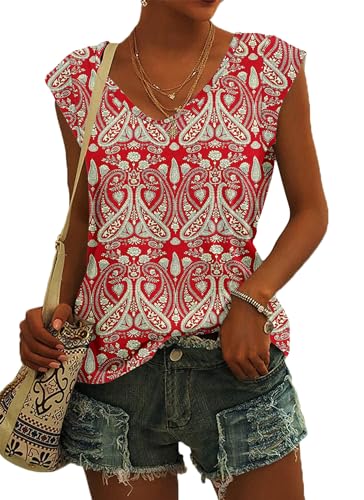 NARRAME Sommer T Shirt für Damen V Ausschnitt Tanktops Loose Fit Sommerblusen Kurzarm Luftig Paisley Boho Blumenmuster Rot Mittel M 38-40 von NARRAME