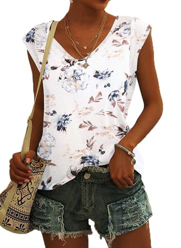 NARRAME Sommer T Shirt für Damen V Ausschnitt Tanktops Loose Fit Sommerblusen Kurzarm Luftig Blumenmuster Weiß Mittel M 38-40 von NARRAME
