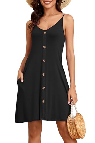 NARRAME Sommerkleider für Damen, Spaghettiträger, V-Ausschnitt, Minikleid, lässig, Urlaub, einfarbig, mit Taschen, Schwarz, XX-Large von NARRAME