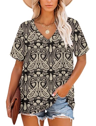 NARRAME Tops für Damen Boho Flora Schwarz T-Shirts Tunika Damen Sommer Kurzarm Tops V-Ausschnitt für Damen S von NARRAME