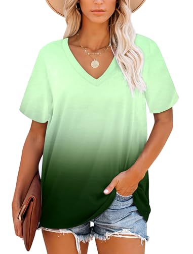 NARRAME T-Shirt Damen Sommer Tops Damen Kurzarm V-Ausschnitt Gym Wear Shirts Farbverlauf Weiß zu Grün Ombré Mittel M 38-40 von NARRAME