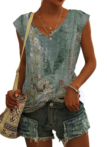 NARRAME T Shirt Damen V Ausschnitt Flügelärmel T-Shirt Tank Top Sommer Casual Loose Fit Blusen Blumenmuster Grünrosa X-Large XL 46-48 von NARRAME