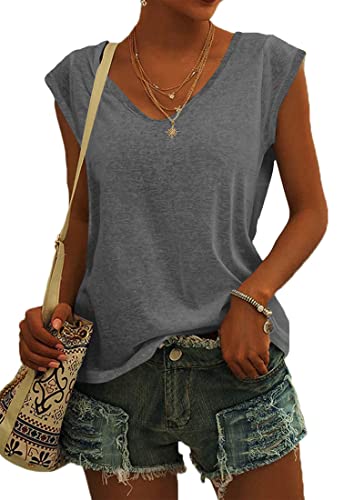 NARRAME T Shirt Damen mit Flügelärmel V Ausschnitt Top Damen Sommer Bluse Oberteile Leicht Lässig Einfarbig Grau Klein S 34-36 von NARRAME