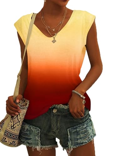 NARRAME T Shirt Damen mit Flügelärmel V Ausschnitt Top Damen Sommer Bluse Oberteile Leicht Lässig Farbverlauf Gelb zu Orange Ombré Klein S 34-36 von NARRAME