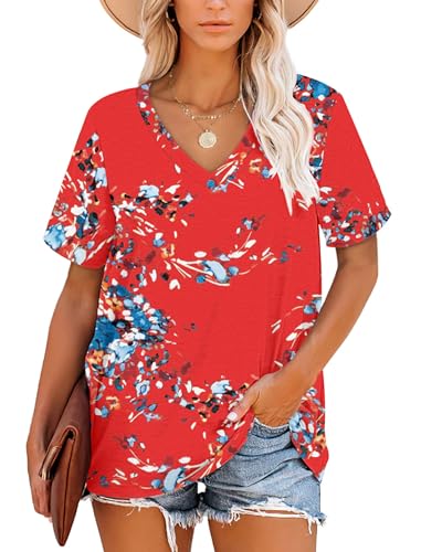 T-Shirt für Damen floral Blau Rot Casual Sommer Tops Kurzarm Tuniken XL von NARRAME