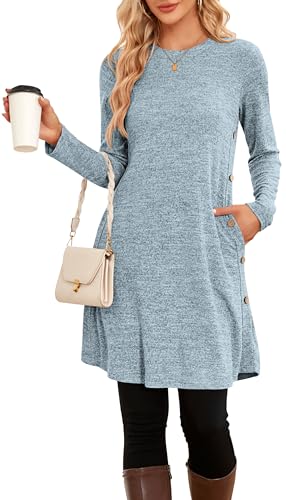 NARRAME Winter-Pullover-Kleider für Damen, Midi-Langarm, Kausale Knöpfe, seitliches Tunika-Kleid mit Taschen, Mittelhellblau von NARRAME