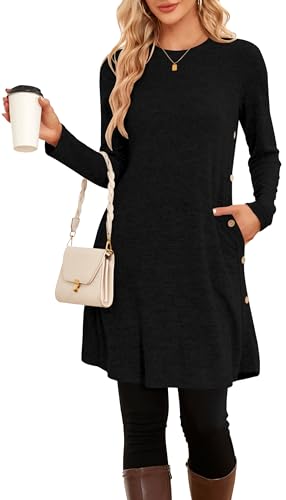 NARRAME Winter-Pullover-Kleider für Damen, Midi-Langarm, Kausale Knöpfe, seitliches Tunika-Kleid mit Taschen, Mittelschwarz von NARRAME