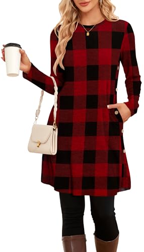 NARRAME Winter-Pullover-Kleider für Damen, Midi-Langarm, Kausale Knöpfe, seitliches Tunika-Kleid mit Taschen, mittelrot, schwarz, kariert von NARRAME