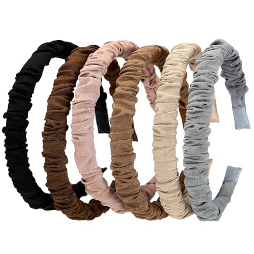 NARUNING 6 Stück plissierte Stoff-Stirnbänder für Damen, elastische Haarreifen, modische Haarbänder, einfarbiges Haarband für Mädchen, Haarschmuck (6 Stück, E, Einheitsgröße) von NARUNING