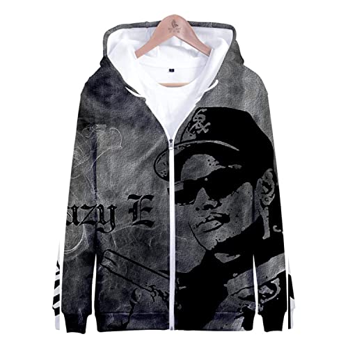 NARUNING Eazy E Hoodie, Harajuku Hip Hop Rapper Charakter 3D-Muster Langarm Jacke, Mode lässig locker bequem Fan Zip Sweatshirt (XS-4XL) (Grey,XL) von NARUNING