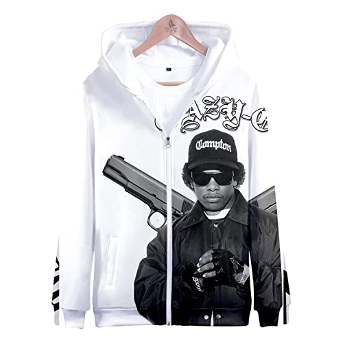 NARUNING Eazy E Hoodie, Harajuku Hip Hop Rapper Charakter 3D-Muster Langarm Jacke, Mode lässig locker bequem Fan Zip Sweatshirt (XS-4XL) (White,S) von NARUNING