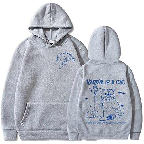 NARUNING Kapuzenpullover,Cartoon Album Hoodie,Meet Me at Midnight Karma is Cat Bedrucktes Sweatshirt,Harajuku Mode Lässig Lose Bequem Niedlich Singer Sweatshirt Pullover (XS-3XL) (Grey,L) von NARUNING